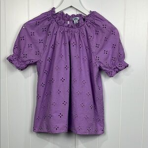 Croft & Barrow Womens Top PS Purple Puff Short Sleeves Eyelet Floral Keyhole EUC